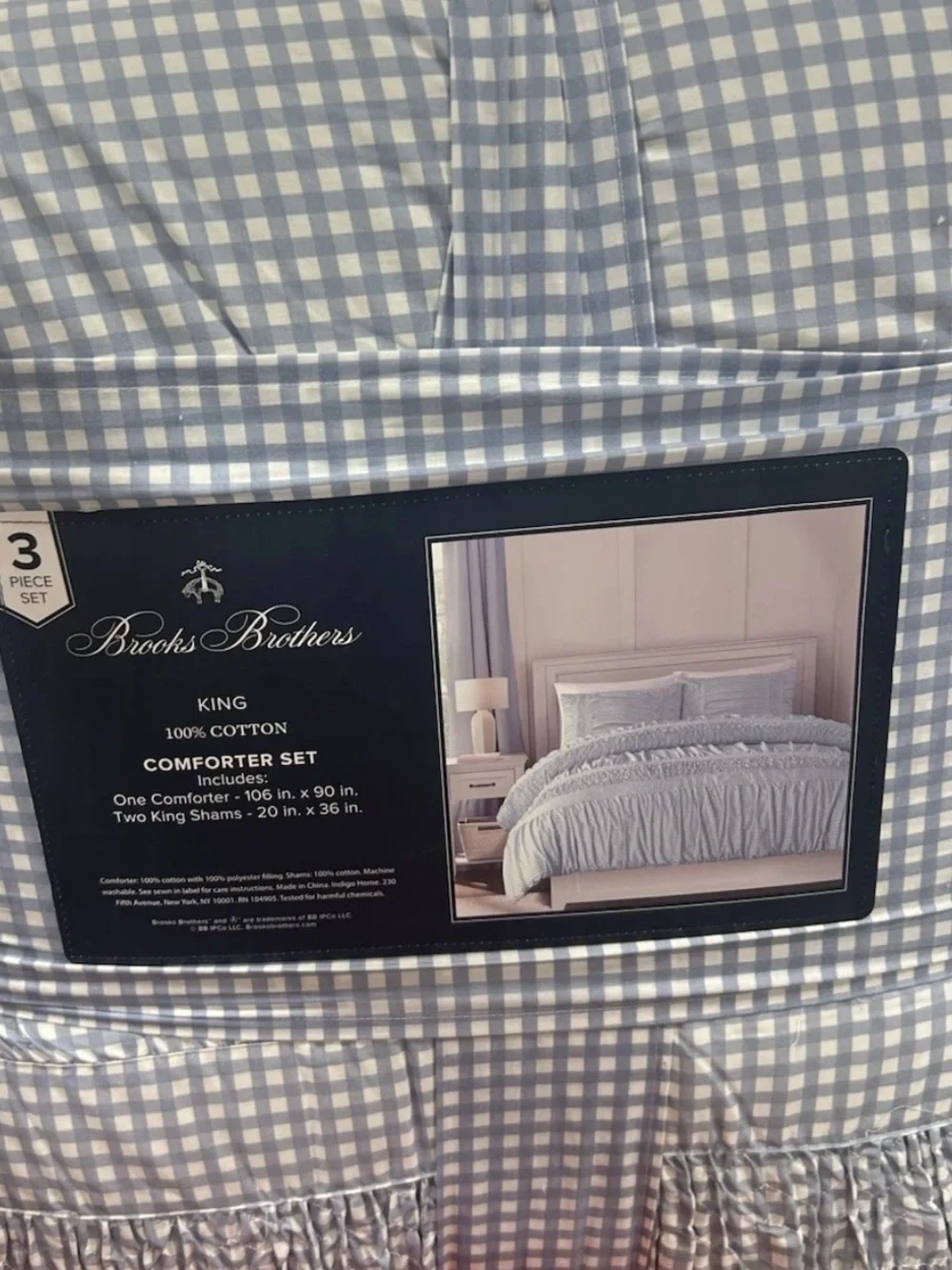 Brooks Brothers Blue and White Checkered King Cotton Comforter Set 106”x90”